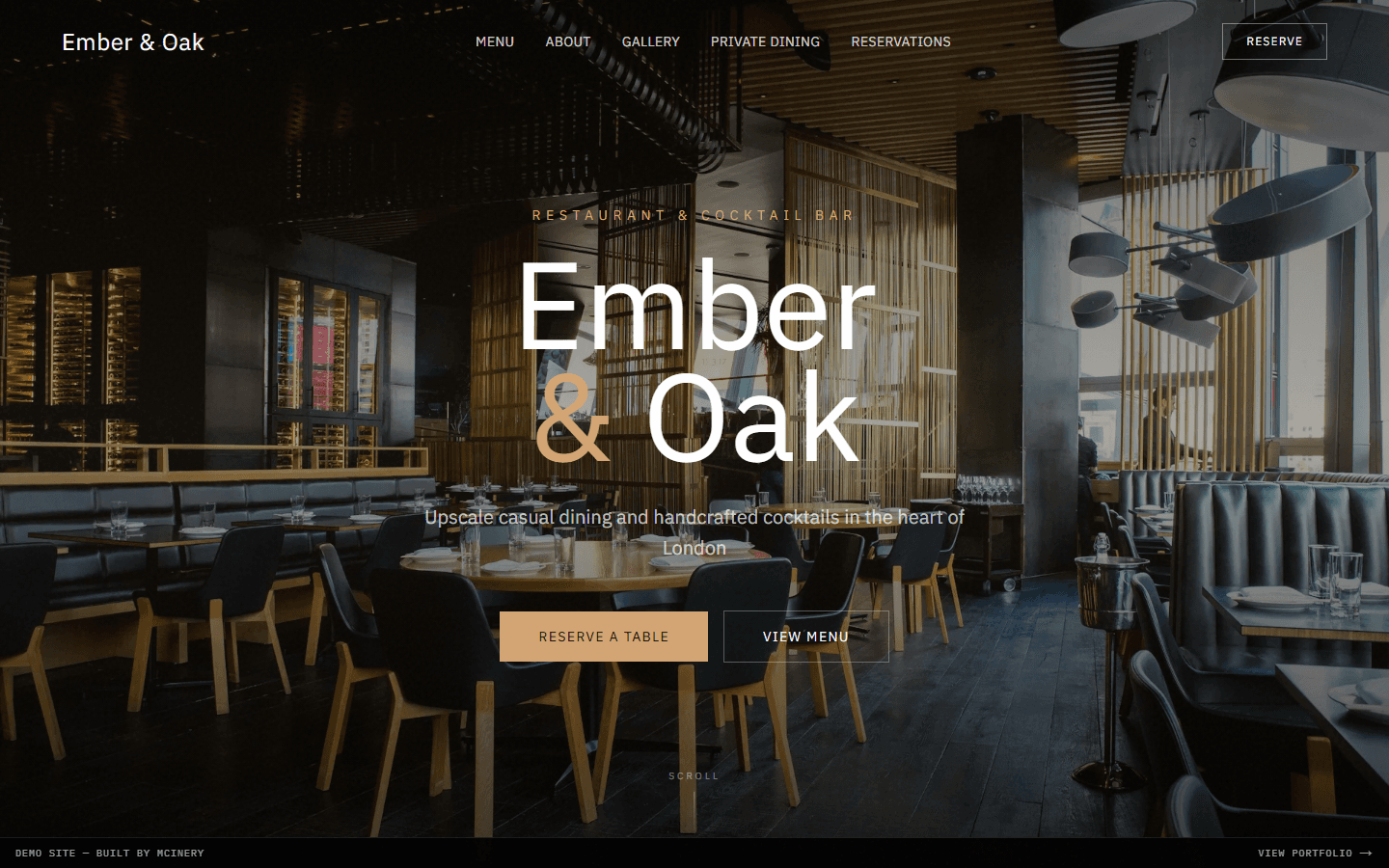 Ember & Oak website homepage showing warm restaurant interior with elegant typography