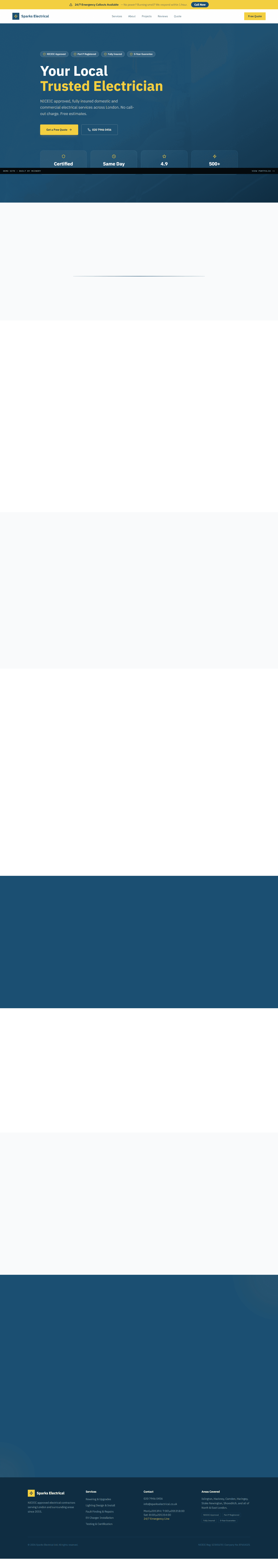 Full Sparks Electrical website showing services, reviews, and quote form