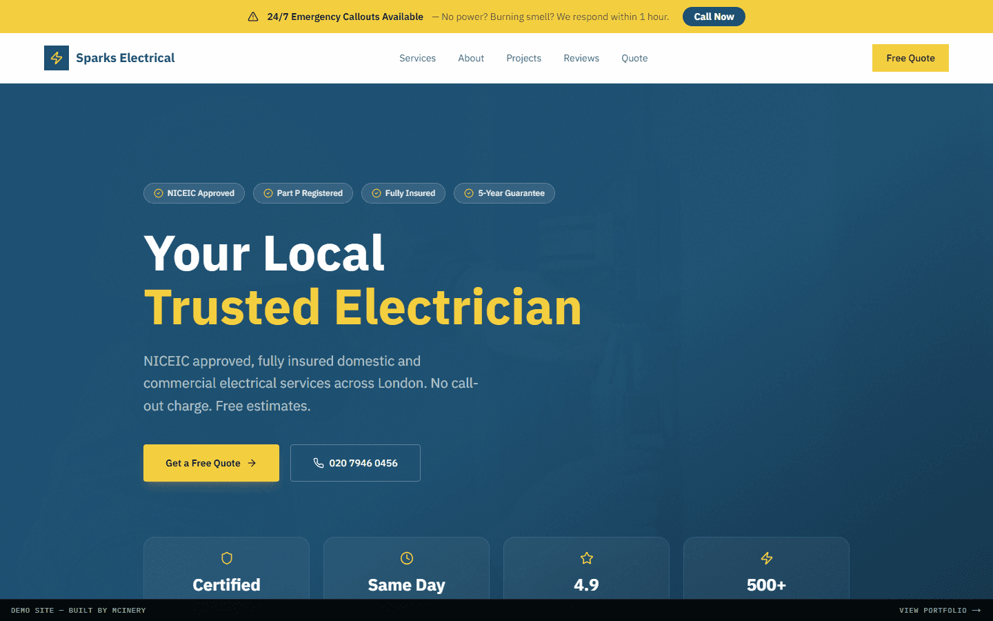 Sparks Electrical website homepage with trust badges and call-to-action